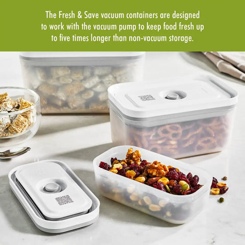 Fresh And Save Handheld Vacuum Sealer Kit with 3-piece BPA-free food storage containers showcasing sealed snacks on white surface