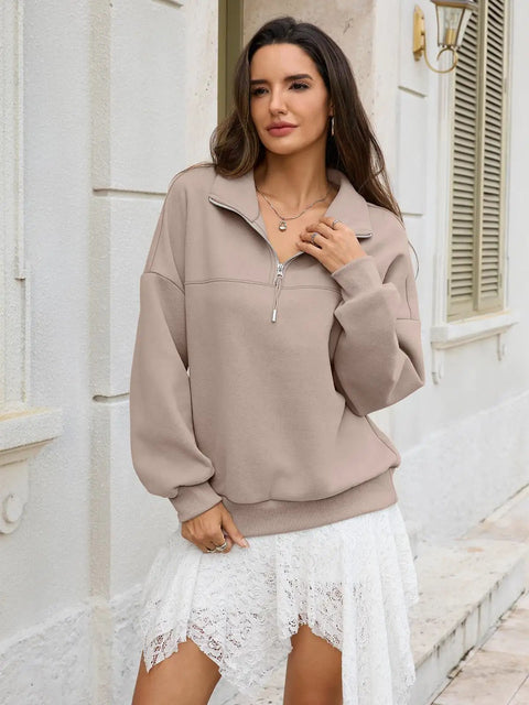 Woman wearing Cozy Oversized Women Quarter Zip Fleece Sweatshirt With Half Zip Collared Long Sleeve Pullover For Fall And Winter Soft Cotton Polyester Blend Coffee Gray