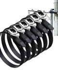 Heavy Duty Reusable Ratchet Cable Ties Set 12 And 20 Inch Adjustable Locking Ties With Strap Lock Design Stainless Steel Buckle Outdoor UV Resistant Black Securing Straps 6 Pack shown securing a fence post.