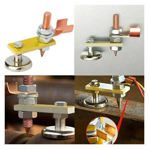 Heavy Duty 2 Pcs Magnetic Ground Clamps For Metalworking Welding Jobs With Rock Solid Hold And Easy Release Handles showing yellow and stainless steel components.