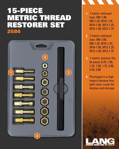15 Piece Metric Thread Restorer Set Pro Grade With Dies Taps And Restorer File For Damaged Threads M6 To M12 packaged in styrene tray