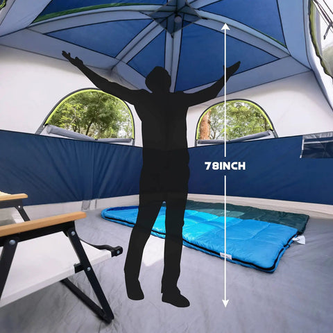 Interior of spacious 6 person waterproof family tent with windproof build and easy setup in minutes, showing 78-inch height.