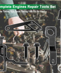 Ford 4.6L 5.4L 3V Engines Timing Belt Tool Set All In One Pro Grade Valve Spring Compressor Cam Phaser Holder Timing Chain Locking Wedge Crankshaft Positioning Wrench Pulley Bolt Kit displayed against engine backdrop.