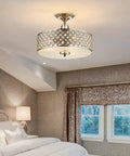 Dope 3 Light K9 Crystal Flush Mount Ceiling Chandelier In Chrome Finish installed in a modern bedroom setting