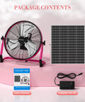 18 Inch Cordless Solar Powered Floor Fan With Dual Charging 40W Solar And AC Long Battery Life USB Output displayed with accessories