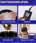 Top Shelf Premium Hot Melt Glue Pellets One Pound Pack Built For Everyday Crafts, hand showing glue pellets preparation step.
