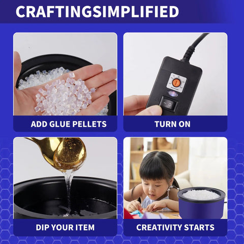 Top Shelf Premium Hot Melt Glue Pellets One Pound Pack Built For Everyday Crafts, hand showing glue pellets preparation step.
