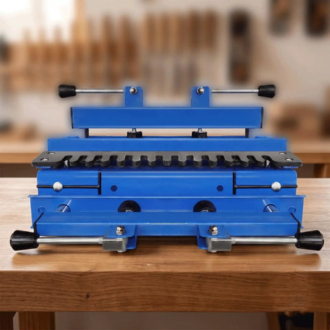 Heavy Duty Woodworking Dovetail Jig With Rock Solid Clamps For Dead On Half Blind Cabinet And Drawer Building adjustable settings visible.
