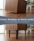 4-Pack Adjustable Bed Frame Support Legs With Locking Buckles in use on a wooden cabinet for stable leveling on hardwood floors.