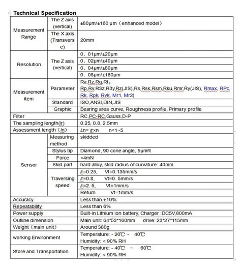Technical specifications of Heavy Duty Portable Surface Roughness Tester Plug And Ready Setup Quick Charge And Bright Lcd Screen Pro Grade Digital Gauge.