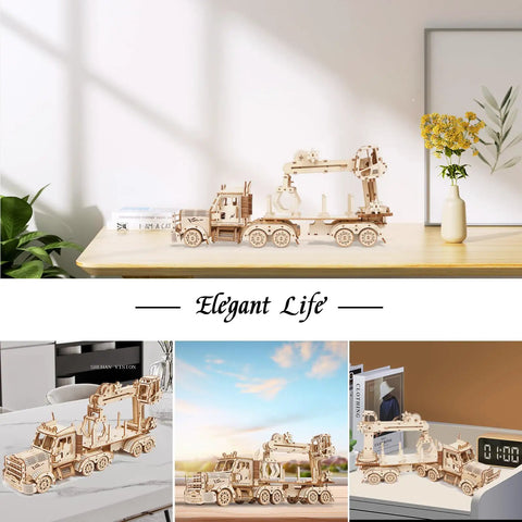 3D Wooden Puzzle for Adults and Teens, Mechanical Truck Crane Model Kit, DIY Wood Craft Hobby Toy, Family Project for Hobbyists, Women and Men, 428 Pieces, Challenging Hands On Build, Educational Fun wooden truck crane on desk, beige wood, movable crane arm, 428 pieces