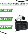 EV charger cord lengths with coiled cable and plug, 30, 40, 50 feet options, Level 2 EV Charger With Adjustable Amperage 10 Amp To 32 Amp 50 Ft Cable EVSE Plug In Hybrid Compatible Real Time Display Meter Safe Home Charging For Electric Cars And Plug In Hybrids