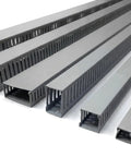 Pro Move Heavy Duty Gray Wire Duct 1 By 1.5 Inch Cable Raceway Bundle showing 7 pieces of pre drilled gray PVC trunking.
