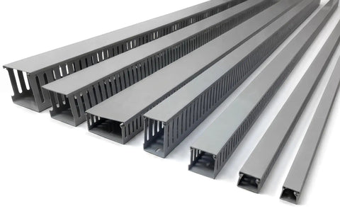 Pro Move Heavy Duty Gray Wire Duct 1 By 1.5 Inch Cable Raceway Bundle showing 7 pieces of pre drilled gray PVC trunking.
