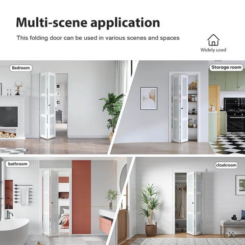 Bi Fold Doors For 30 By 80 Opening With Tempered Frosted Glass Closet Barn Door Concealed Hardware Kit in four room settings