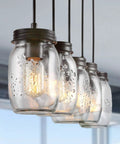 Five Light Mason Jar Chandelier With Rustic Glass Shades For Kitchen Island And Dining Room Linear Cluster Pendant Light Fixture For Farmhouse Cafe Bar Adjustable Hanging Chains