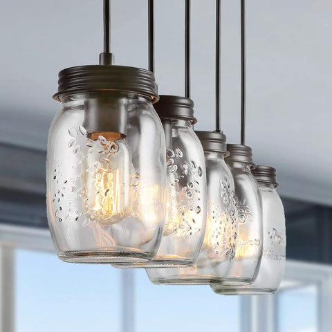 Five Light Mason Jar Chandelier With Rustic Glass Shades For Kitchen Island And Dining Room Linear Cluster Pendant Light Fixture For Farmhouse Cafe Bar Adjustable Hanging Chains