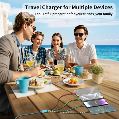 Group at beach using 4 In 1 Braided USB C Cable With Dual Type C Ports Micro USB And USB A for multiple devices on table