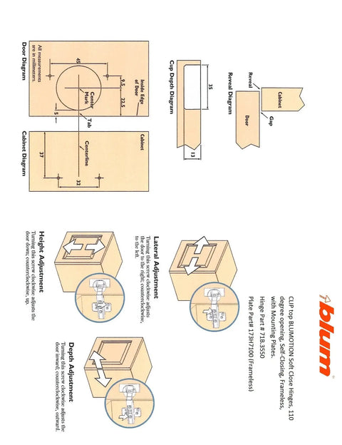 Diagram of Soft Close Hinges For Face Frame Cabinets With 110 Degree Self Closing Inset Doors, showing measurements and adjustments.