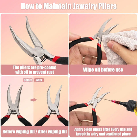 Steps showing how to maintain pliers from the 1200 Piece Jump Rings Jewelry Making Kit With Pro Grade Open Close Tools Pliers Tweezers Lobster Clasps And Necklace Repair Set In Silver And Gold Includes 4 5 6 7 8 Mm Sizes For Crafts And Key Chains