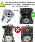 Diagram showing stainless steel refillable K Cups for K Supreme with 5-hole needle system, compatible coffee maker example, mess free design.