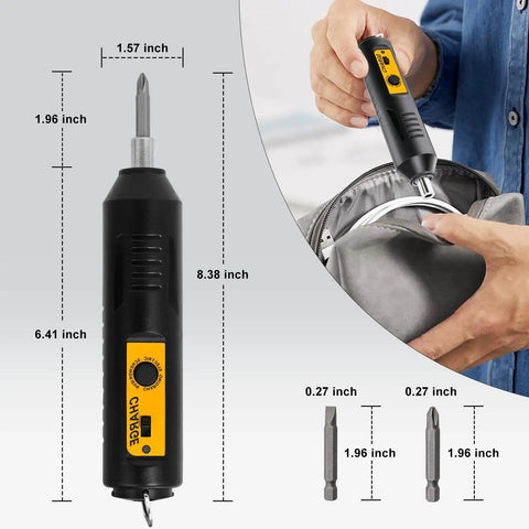 Cordless Screwdriver Rechargeable Compact Electric Screwdriver With Type-C Charging, dimensions and usage illustration