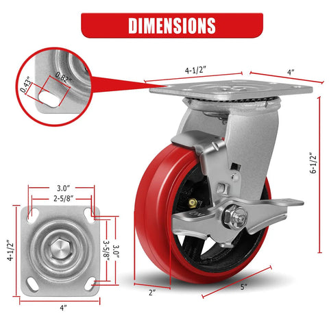 Dimensions of Industrial Casters Set Of Four 5 In Diameter By 2 In Wide Heavy Duty Crowned Polyurethane Tread Cast Iron Center Wheels
