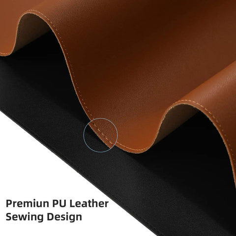 Close-up of Large Pu Leather Desk Pad Blotter 36x17 Inch waterproof non slip writing desktop protector mat showing stitching.