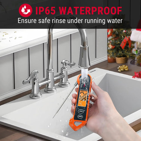 Pro Grade Digital Meat Thermometer With 2 Inch Auto Rotating Backlit Display rinsed under faucet, showing IP65 waterproof feature