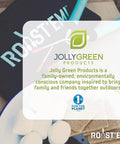 Extra Long Rotating Marshmallow Roasting Sticks Set Of 5 with bag and outdoor cooking gear displayed, Jolly Green Products logo visible