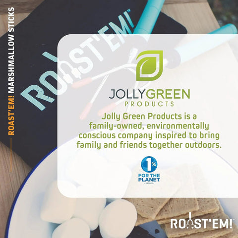 Extra Long Rotating Marshmallow Roasting Sticks Set Of 5 with bag and outdoor cooking gear displayed, Jolly Green Products logo visible