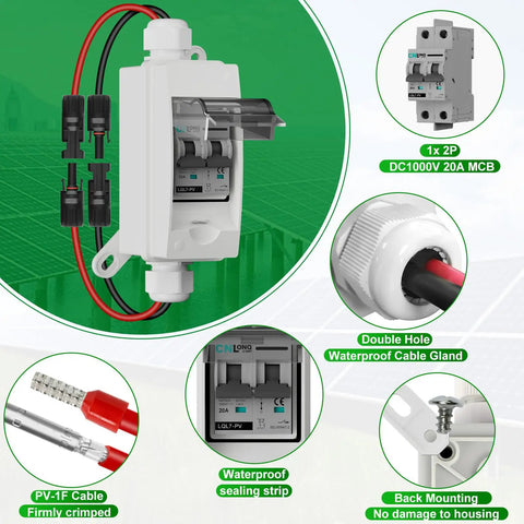 Solar Disconnect Switch 20A 1000V DC 2P Circuit Breaker Box with PV Connector IP65 Outdoor Ready and Wall Hooks