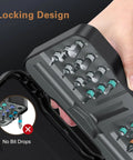 Hand holding 24 In 1 Magnetic Screwdriver Set With Detachable Ratchet Handle showing locking design and assorted bits