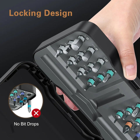Hand holding 24 In 1 Magnetic Screwdriver Set With Detachable Ratchet Handle showing locking design and assorted bits
