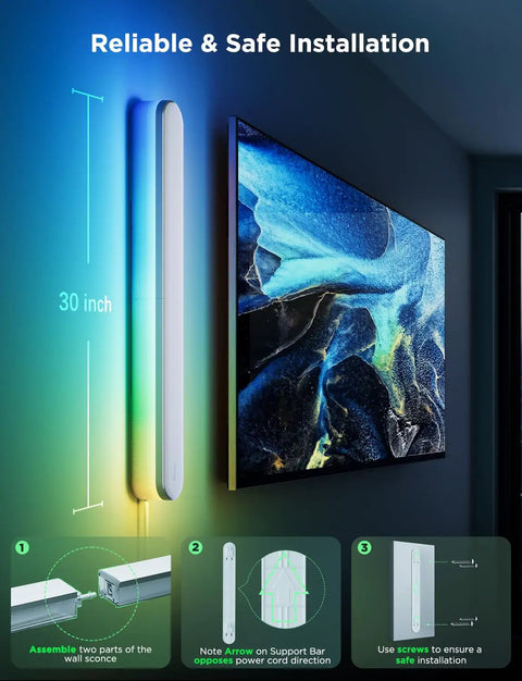 Straight Up Versatile Smart Wall Sconces Featuring Hella Bright RGBICW Led Bulbs Totally Customizable 16 Million Colors And Game Changing Matter App Control Low Key Chic Accent Lighting For Any Vibe Set Of Two Pieces installation guide showing wall sconce, dimensions, and instructions for assembly.