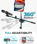 360° adjustable mic stand with tablet holder demonstrating full adjustability; All In One Floor Mic Stand With Tablet And Phone Holder.