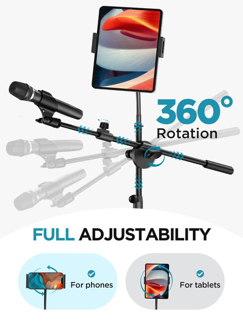 360° adjustable mic stand with tablet holder demonstrating full adjustability; All In One Floor Mic Stand With Tablet And Phone Holder.