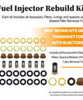Components of DIY Fuel Injector Seal Kit for Ford Lincoln Mercury vehicles, including filters, O-rings, and pintle caps.