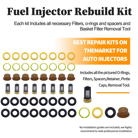 Components of DIY Fuel Injector Seal Kit for Ford Lincoln Mercury vehicles, including filters, O-rings, and pintle caps.