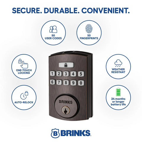 Fingerprint Door Lock With Keyless Entry Biometric Lock Electronic Keypad And Auto Locking Deadbolt For Front Door With Interior Knob Set In Tuscan Bronze Finish And No Fuss Setup, showing front view with keypad and lock features