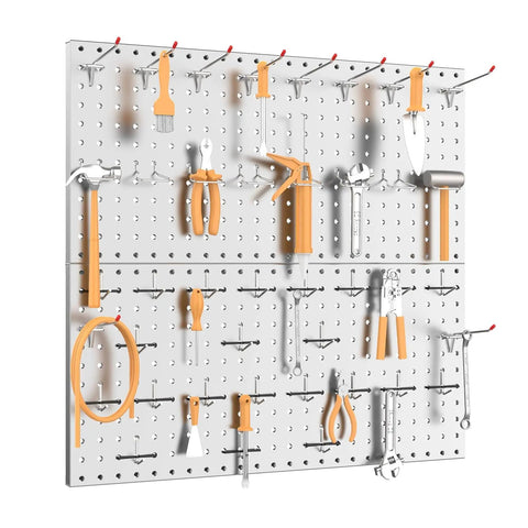 Two Pack 12 By 24 Inch Metal Pegboard Panels For Garage Wall Storage And Tool Organization On Workbench Or In The Workshop Grey