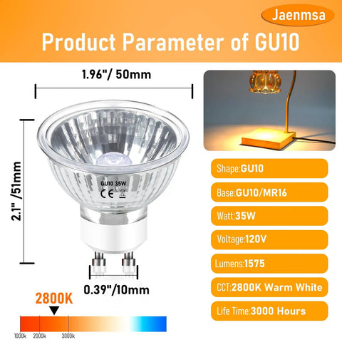 50W GU10 Halogen Bulbs For Candle Warmer Lamps And Wax Warmers 6 Pack MR16 GU10 120V Warm White 2800K Dimmable diagram