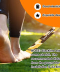 Person balancing on 65 Foot Slackline Kit With Tree Protectors, Arm Trainer, And Carry Bag, showing elasticity and design features.
