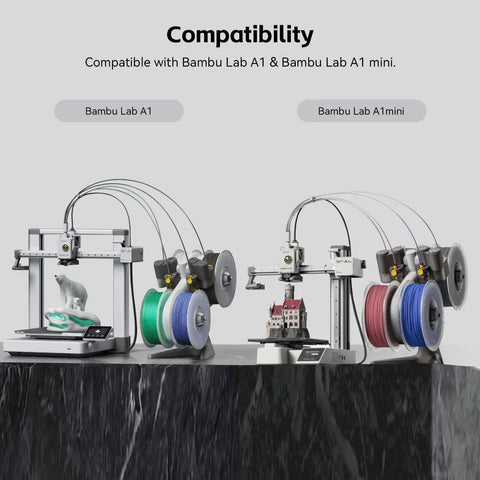Detachable Filament Spool Holder For Bambu Lab 3D Printers A1 And A1 Mini, holding colorful filament spools next to printers