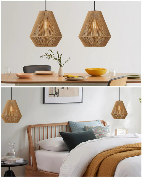 12 Inch Handwoven Rattan Pendant Light With Rustic Boho Vibe above dining table and bedroom, adjustable woven basket shade.