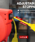 Close-up of adjustable stopper on Retractable Extension Cord Reel With 40 Ft 12 AWG SJT Cable, showing locking mechanism.