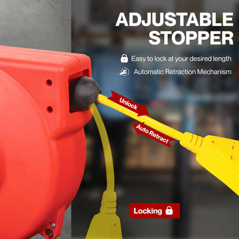 Close-up of adjustable stopper on Retractable Extension Cord Reel With 40 Ft 12 AWG SJT Cable, showing locking mechanism.