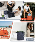 People using Dual Pack Compression Laundry Bag For Travel, Pump-Free Wet-Dry Organizer in various settings, navy and orange colors.