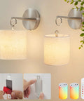 Peel and Stick Sconces Set of 2 Brushed Nickel, detachable battery-operated wall sconce with remote control in use.