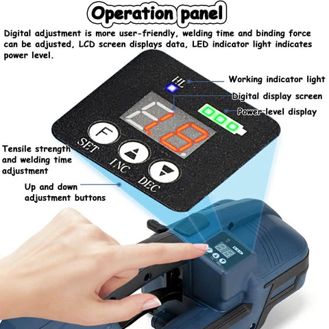 Operation panel of DFEDHF Battery Powered Electric Strapping Machine For Pallet Packaging with LCD display and adjustment buttons.